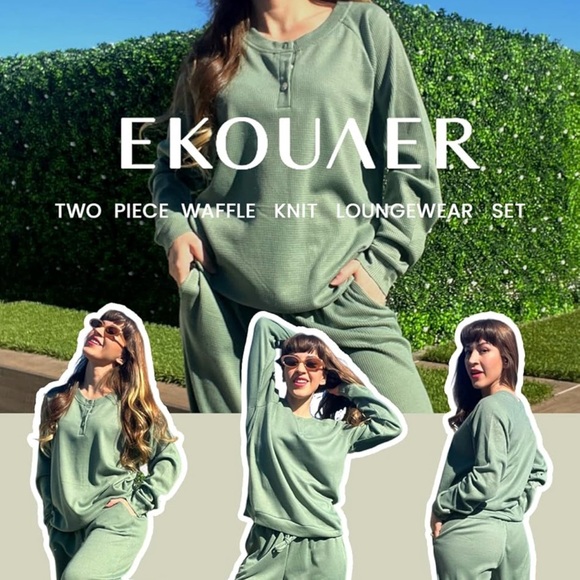 Ekouaer Pajamas Women's Waffle Knit Sleepwear Long Sleeve Loungewear Set - Picture 2 of 3